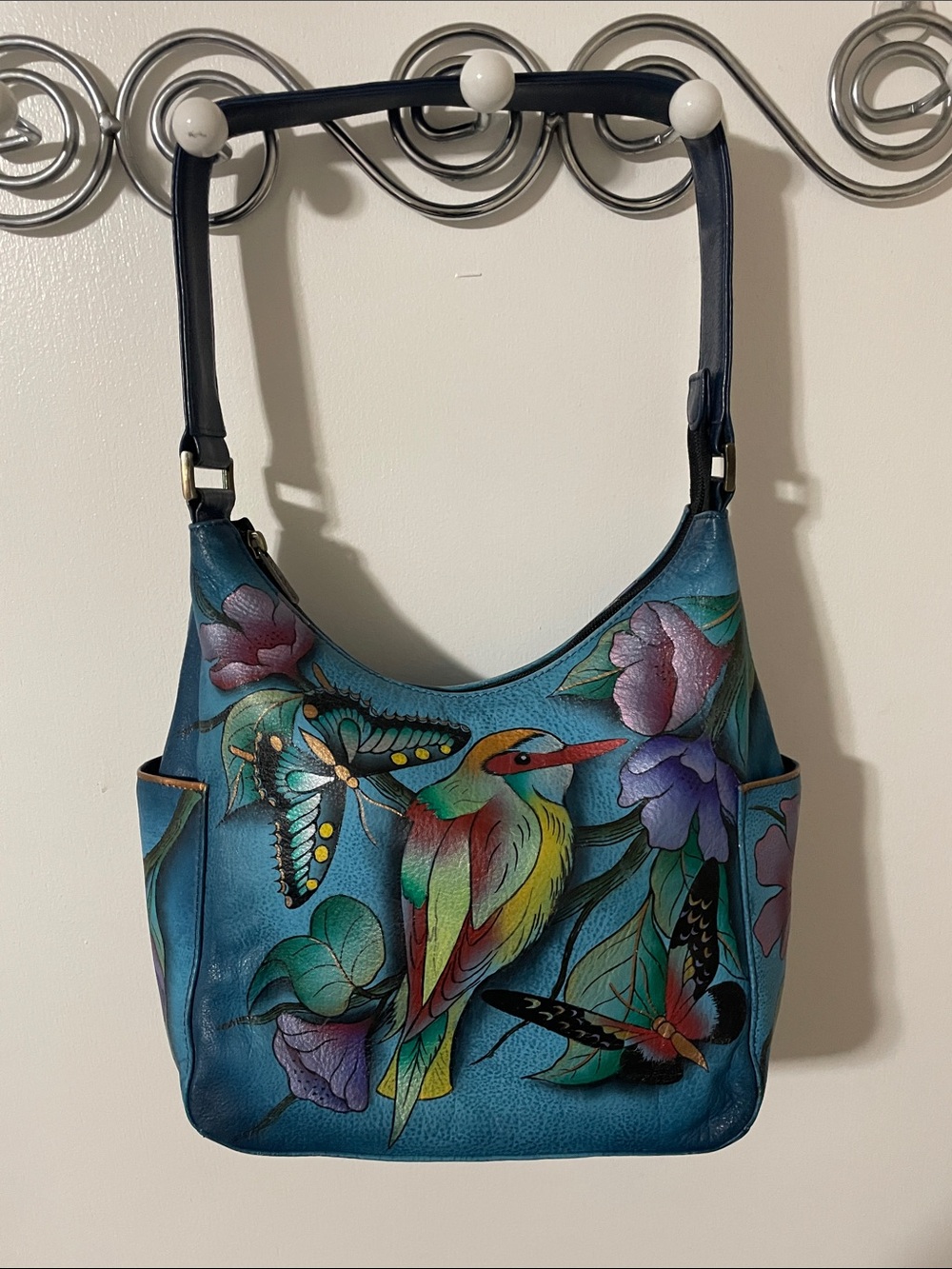 Anuschka Teal Hand-Painted Bird & Butterfly Leather Shoulder Bag